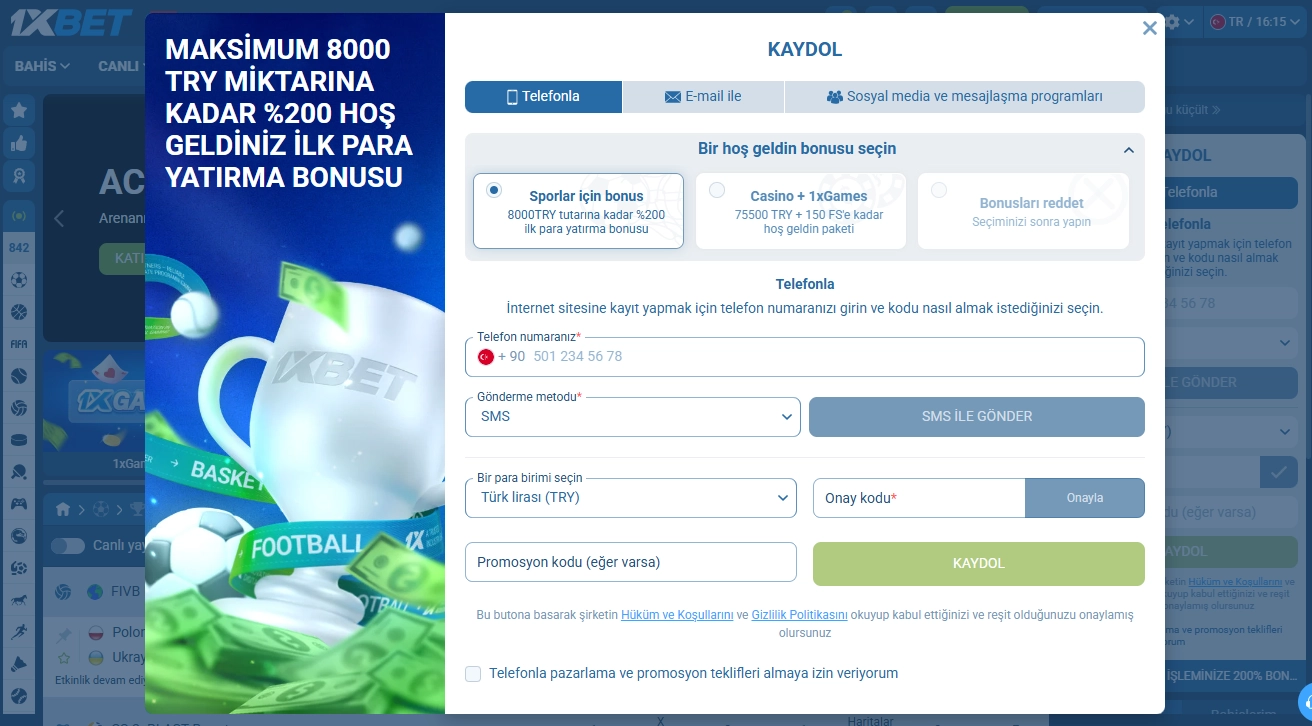 1xBet giriş ekranı ve hesap açma formu